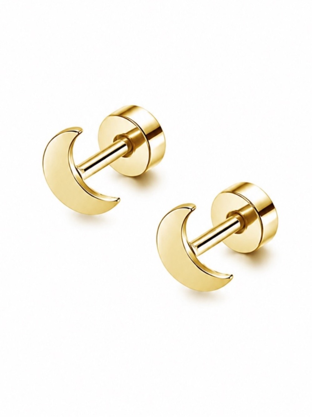 Gold Crescent Moon Flat Back Stud Earrings 20G Stainless Steel